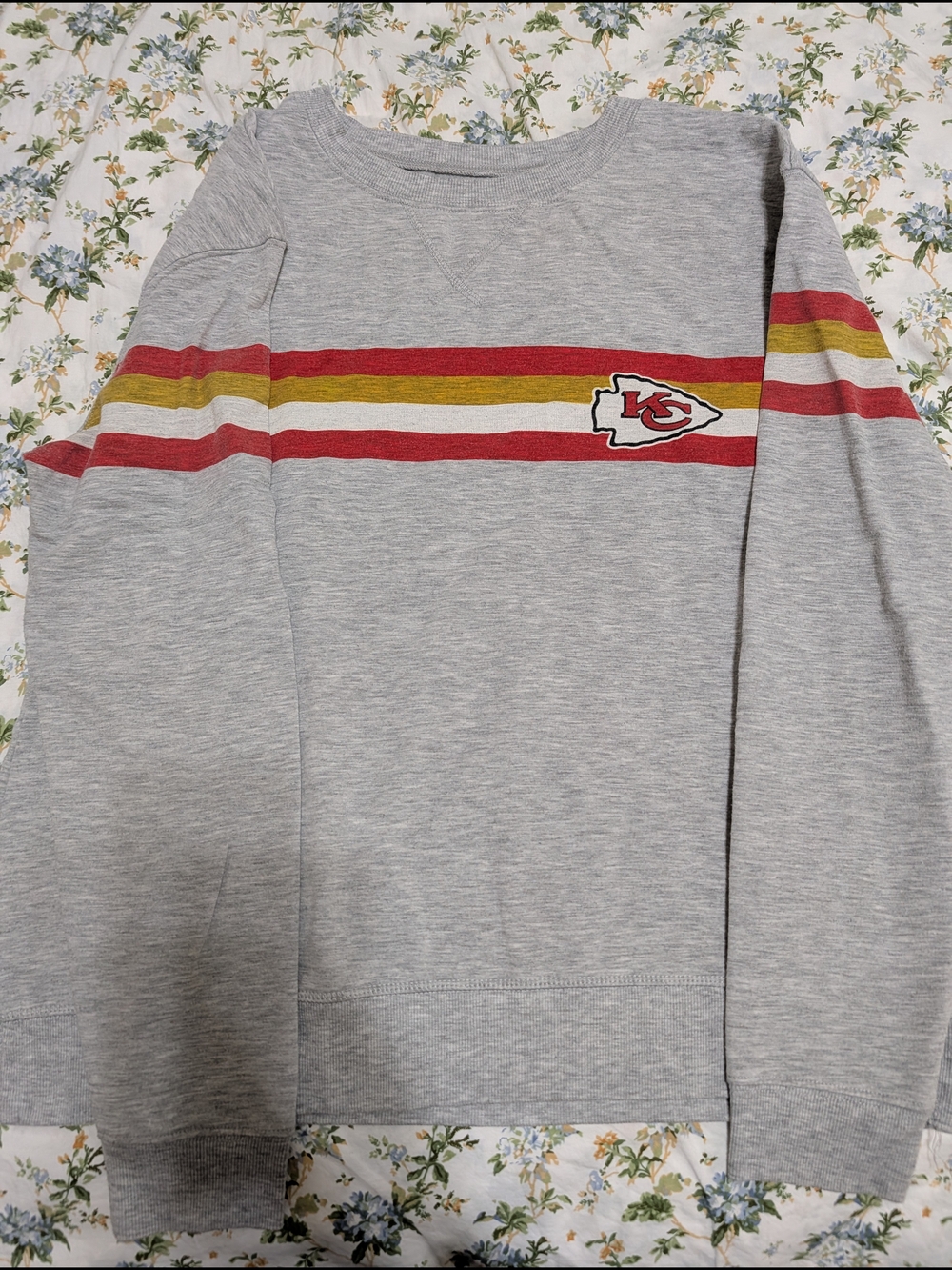 Kansas City Chiefs Grey Crewneck Sweatshirt with Red & Gold Stripes
